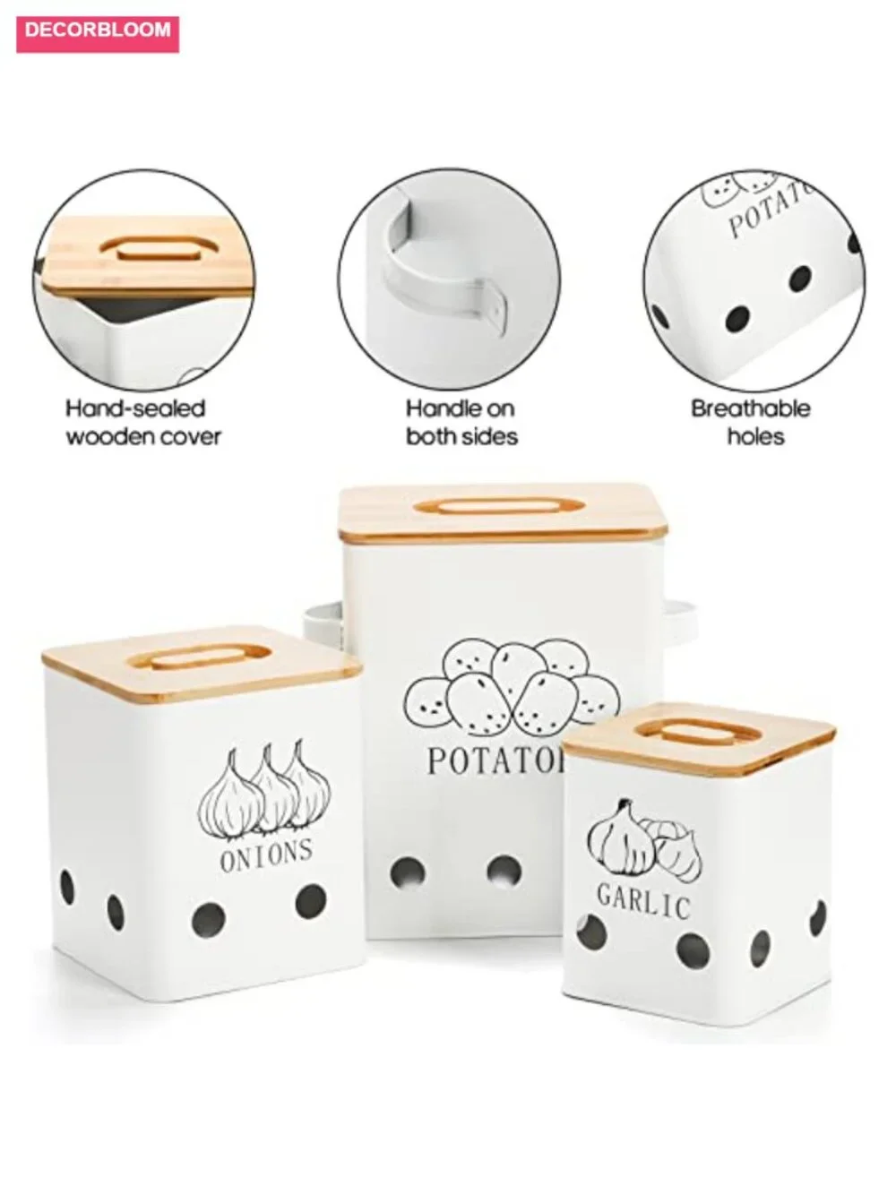 3 Pack Metal Vegetable Storage Tins with Wooden Lids, Onion Garlic Potato